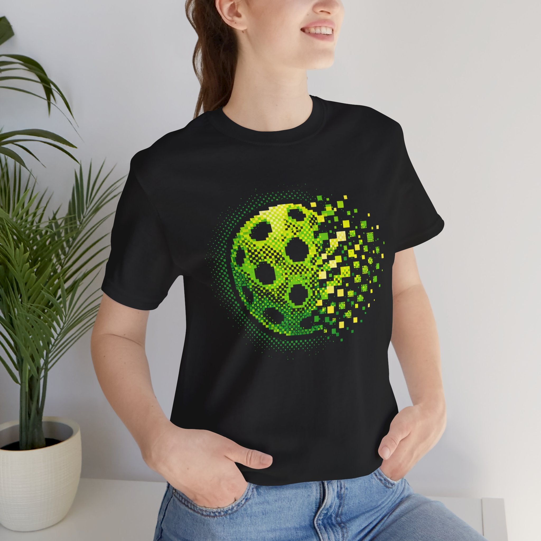 Green Pixelated Pickleball Tee with retro court graphic, casual T-shirt by Printify, showcasing vibrant pickleball design.