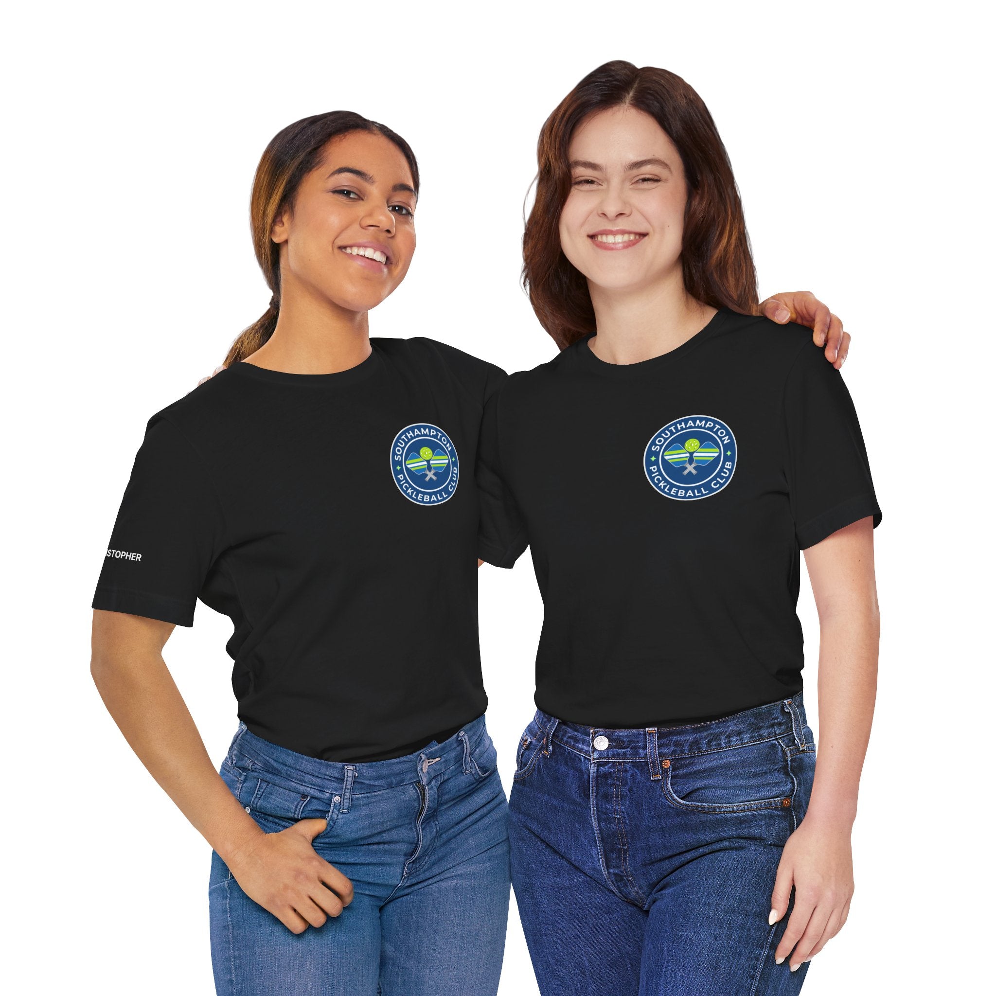 Personalized pickleball T-shirt by Printify with custom name on sleeve, club logo, and pickleball graphic on the back.