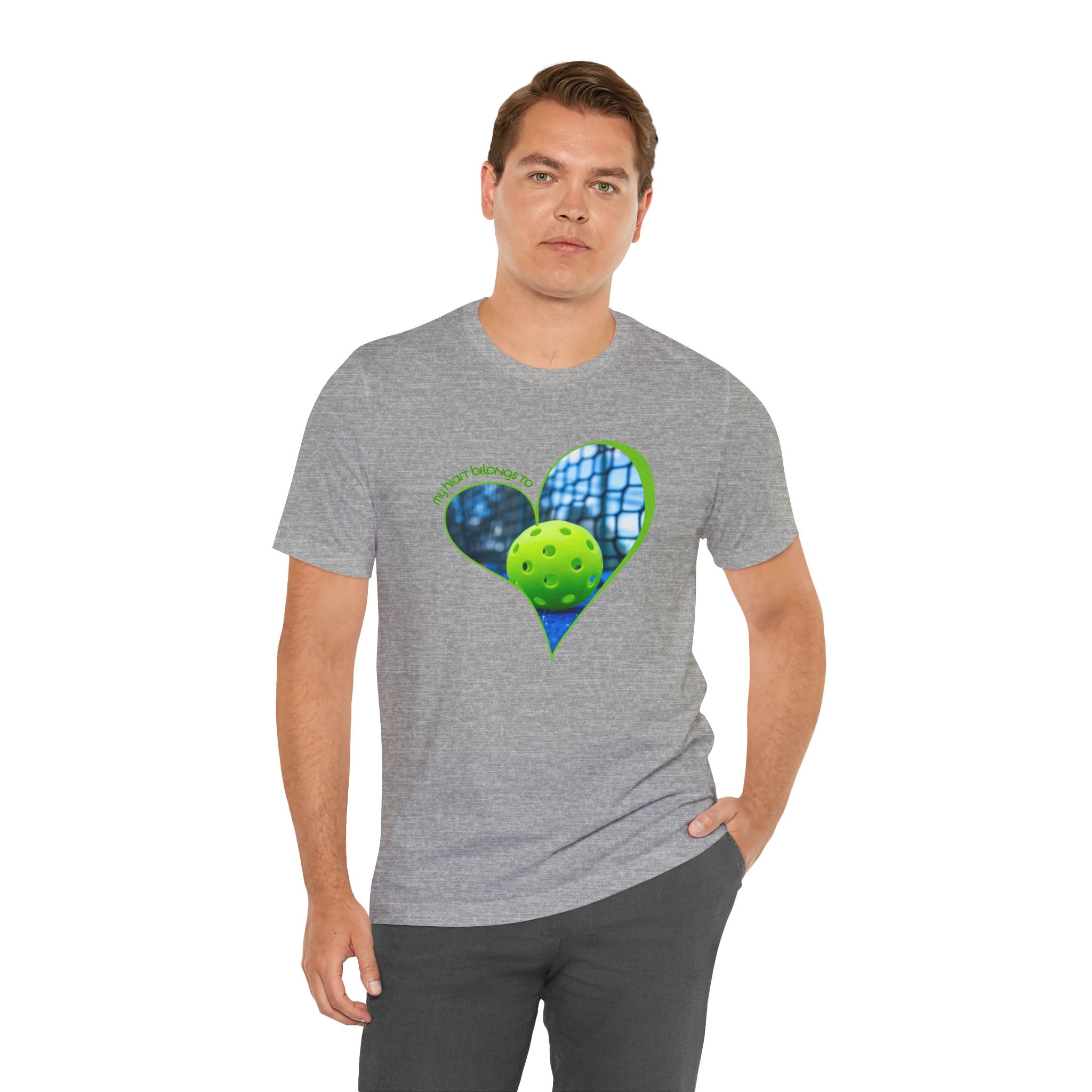 White Pickleball T-shirt with "My Heart Belongs to Pickleball" slogan for players and fans, by Printify.