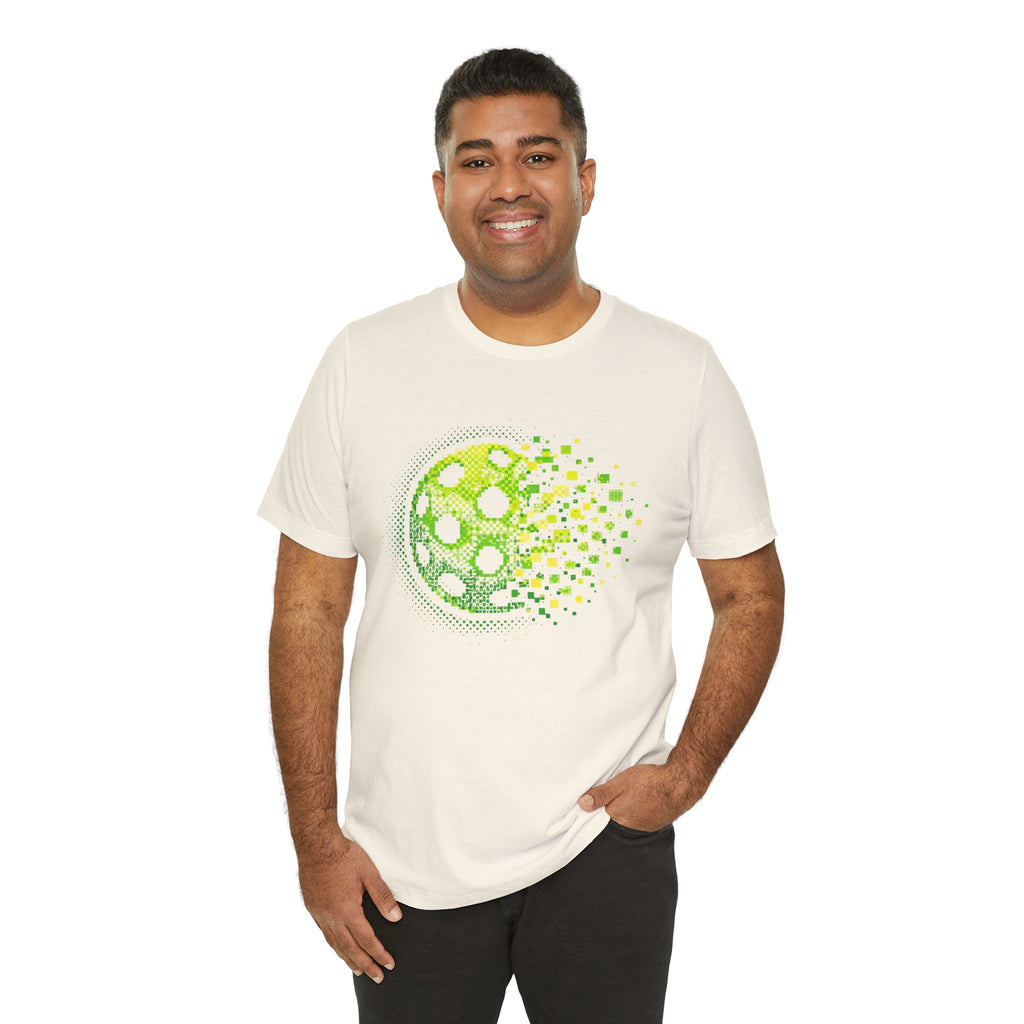 Green Pixelated Pickleball Tee with retro court graphic, casual t-shirt by Printify featuring vibrant pickleball design.