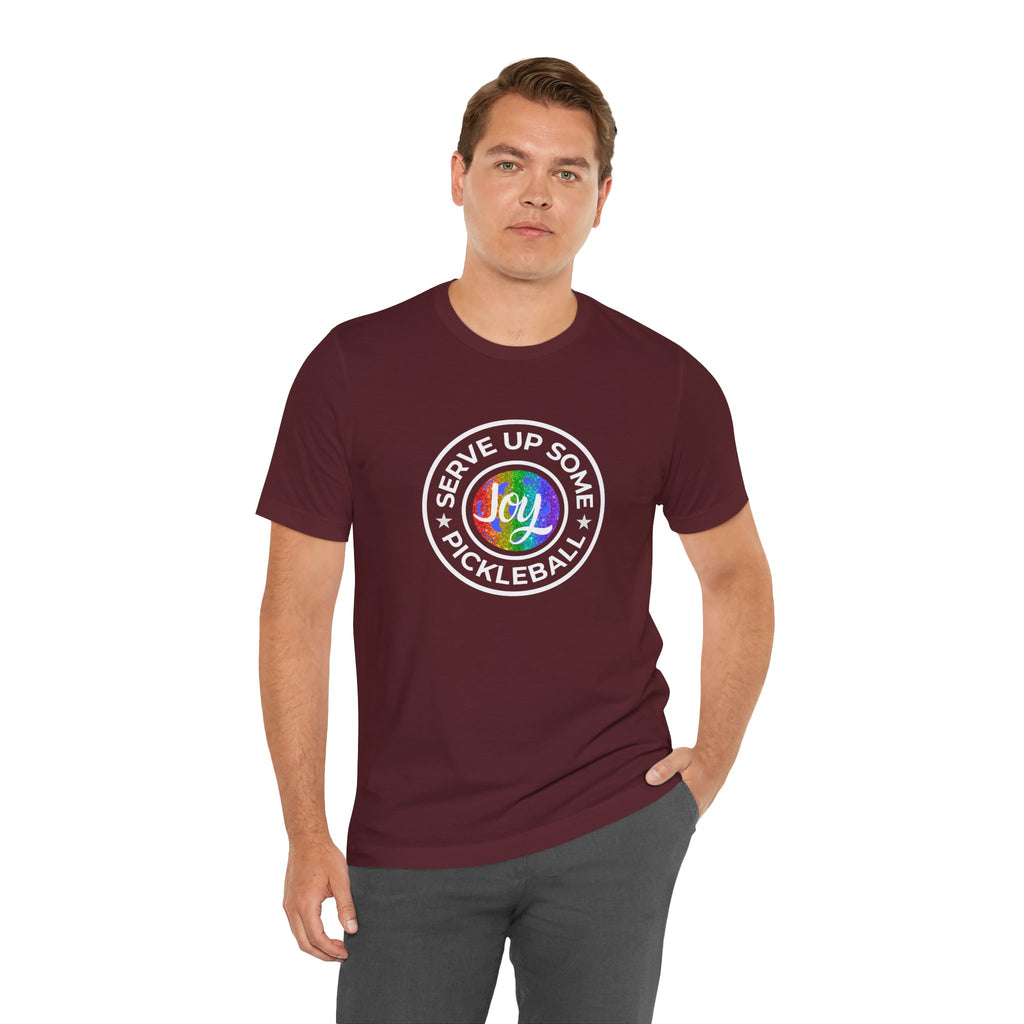 LGBTQ2 pride T-shirt with pickleball joy print, featuring colorful rainbow design on a comfortable printify T-shirt.