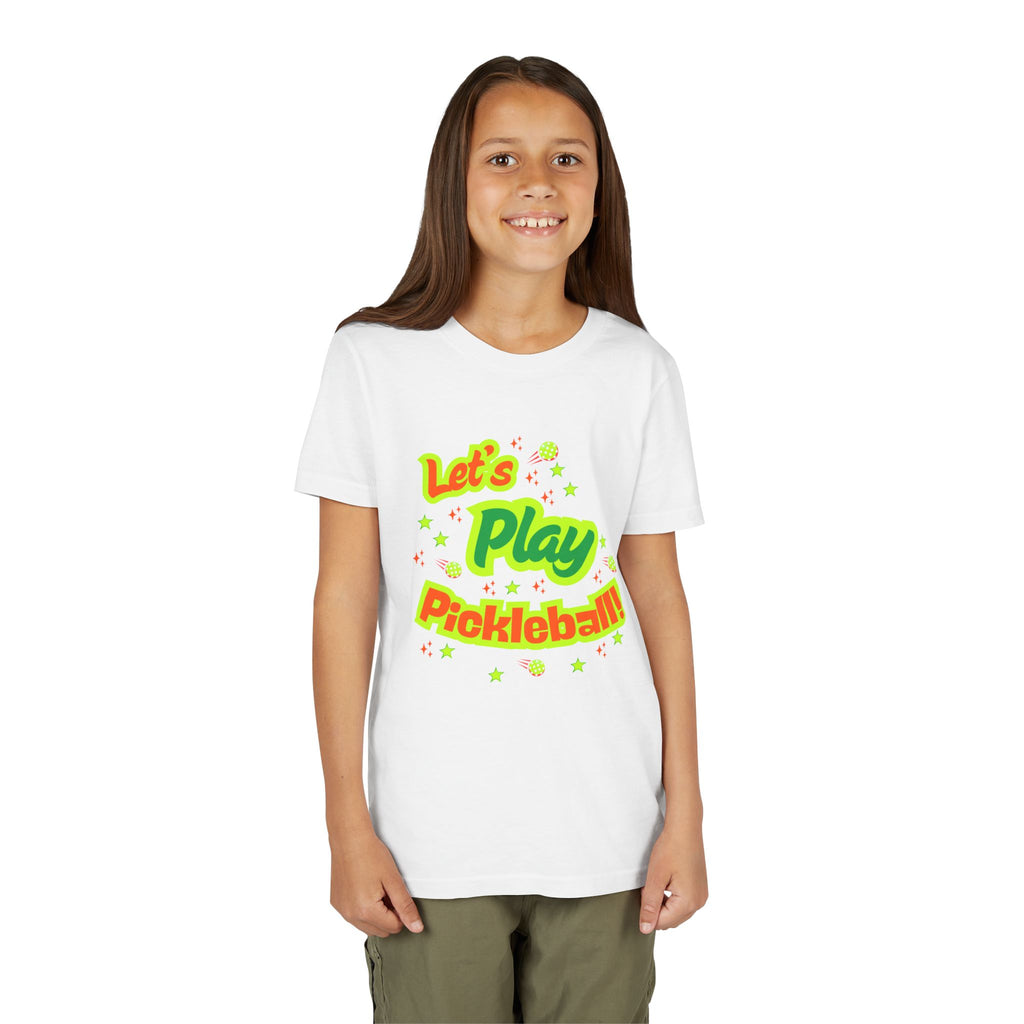 Bright neon pickleball graphic youth tee for kids, featuring playful "Let's Play Pickleball" design on a colorful kids' shirt.