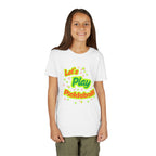 Bright neon pickleball graphic youth tee for kids, featuring playful "Let's Play Pickleball" design on a colorful kids' shirt.
