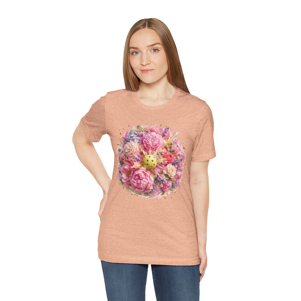 Peony Pickleball Tee by Printify, premium cotton unisex T-shirt with a colorful peony pickleball design on the front.