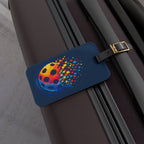 Matrix Burst pickleball court ID luggage tag with leather strap and buckle, featuring vibrant design and clear identification window.