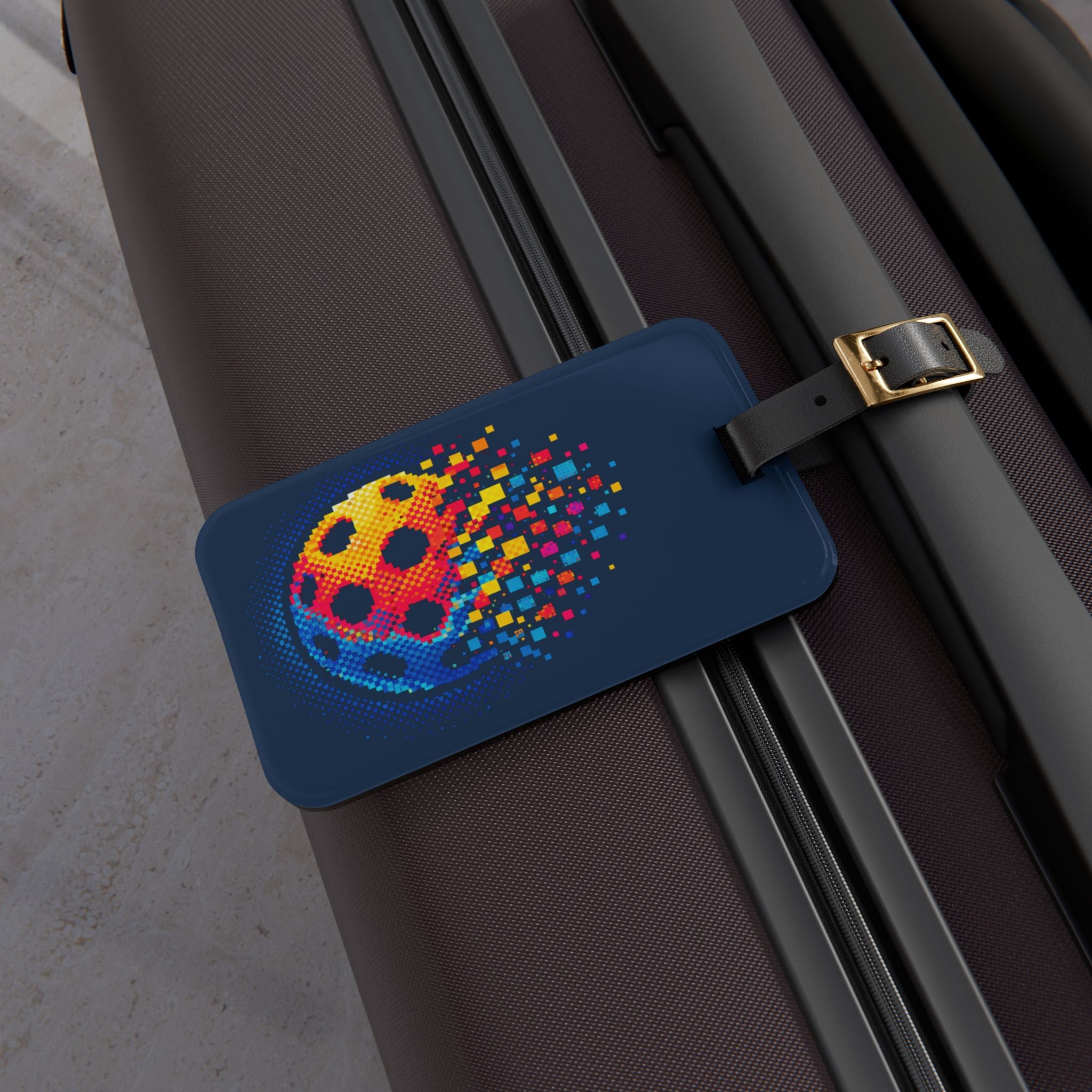 Matrix Burst pickleball court ID luggage tag with leather strap and buckle, featuring vibrant design and clear identification window.