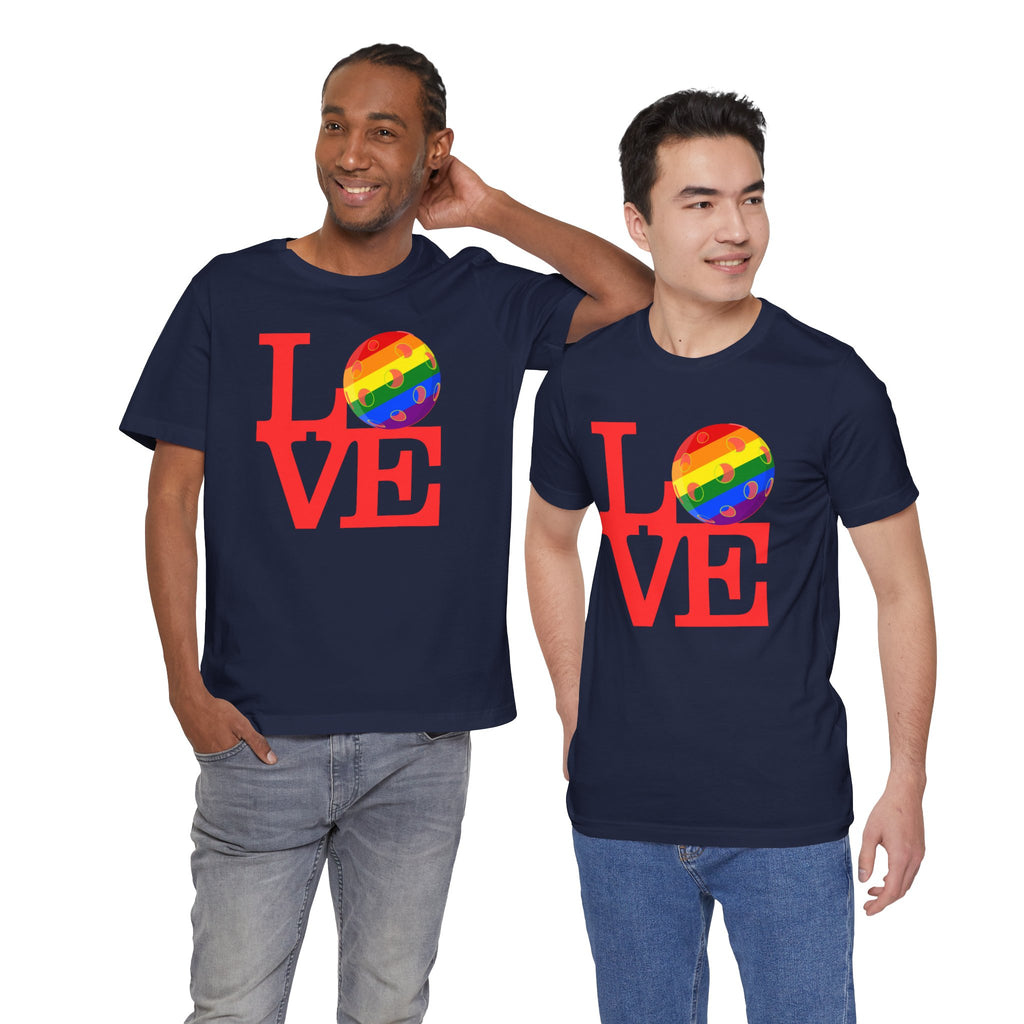 Rainbow LGBTQ2 Pride T-Shirt featuring LOVE Pickleball logo, colorful design, and comfortable cotton fabric by Printify.
