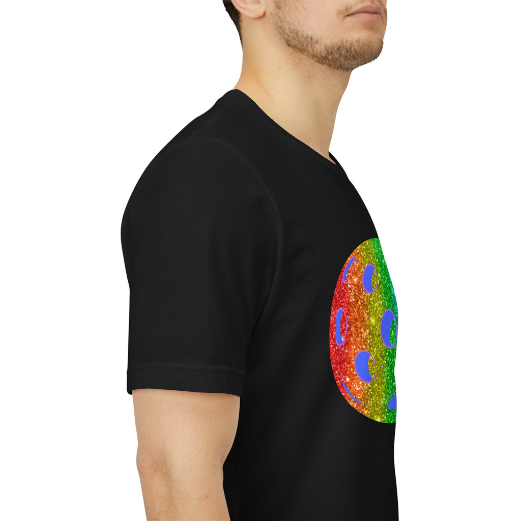 Rainbow glitter pickleball pride T-shirt by Printify featuring bold "Sparkle Loud and Proud" design on a colorful tee.