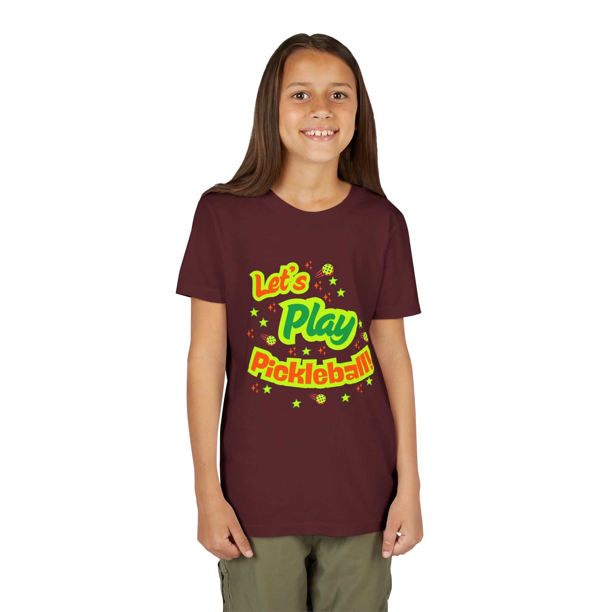 Bright neon pickleball graphic youth tee for kids, featuring playful design on a kids' apparel shirt by Printify.