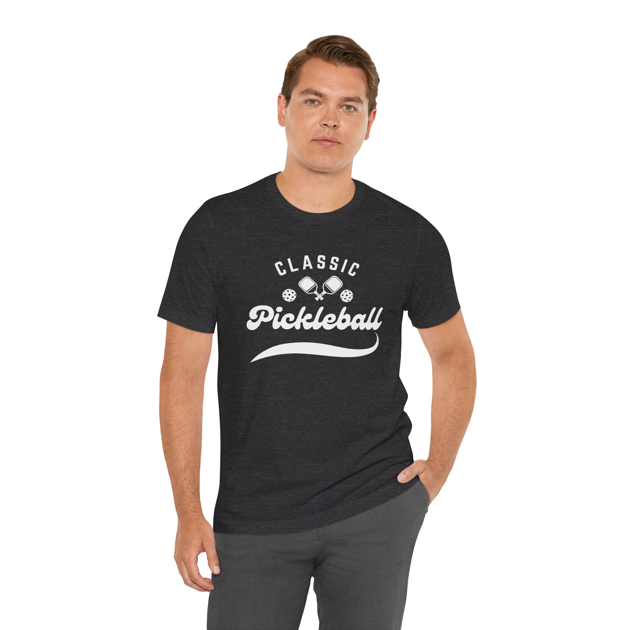 Classic pickleball T-shirt with "Pickleball" script design, casual cotton tee by Printify, shown in a vibrant front view.