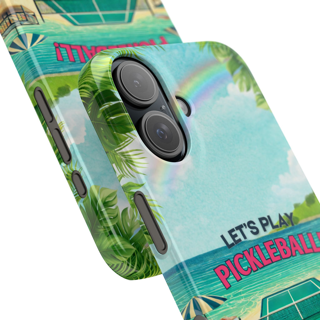 Printify Let's Play Pickleball Tropical Tough Phone Case with beach and court design, offers durable protection for smartphones.