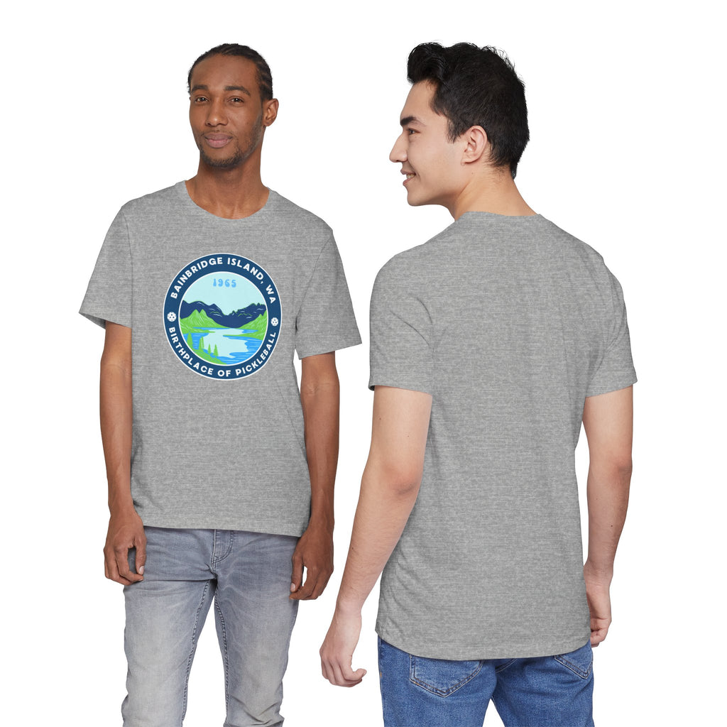 Unisex Bainbridge Island Pickleball T-Shirt with "Birthplace of Pickleball 1965" print, casual cotton tee by Printify.