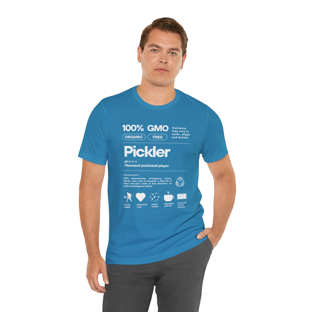 Men's Pickler Funny Definitions T-Shirt by Printify featuring white text and lightweight activewear fabric, perfect for pickleball enthusiasts.