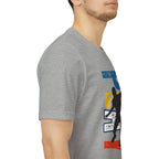 Men's Retro Pickleball Action T-Shirt with front silhouette and vertical 'PICKLEBALL' text on the back, by Printify.