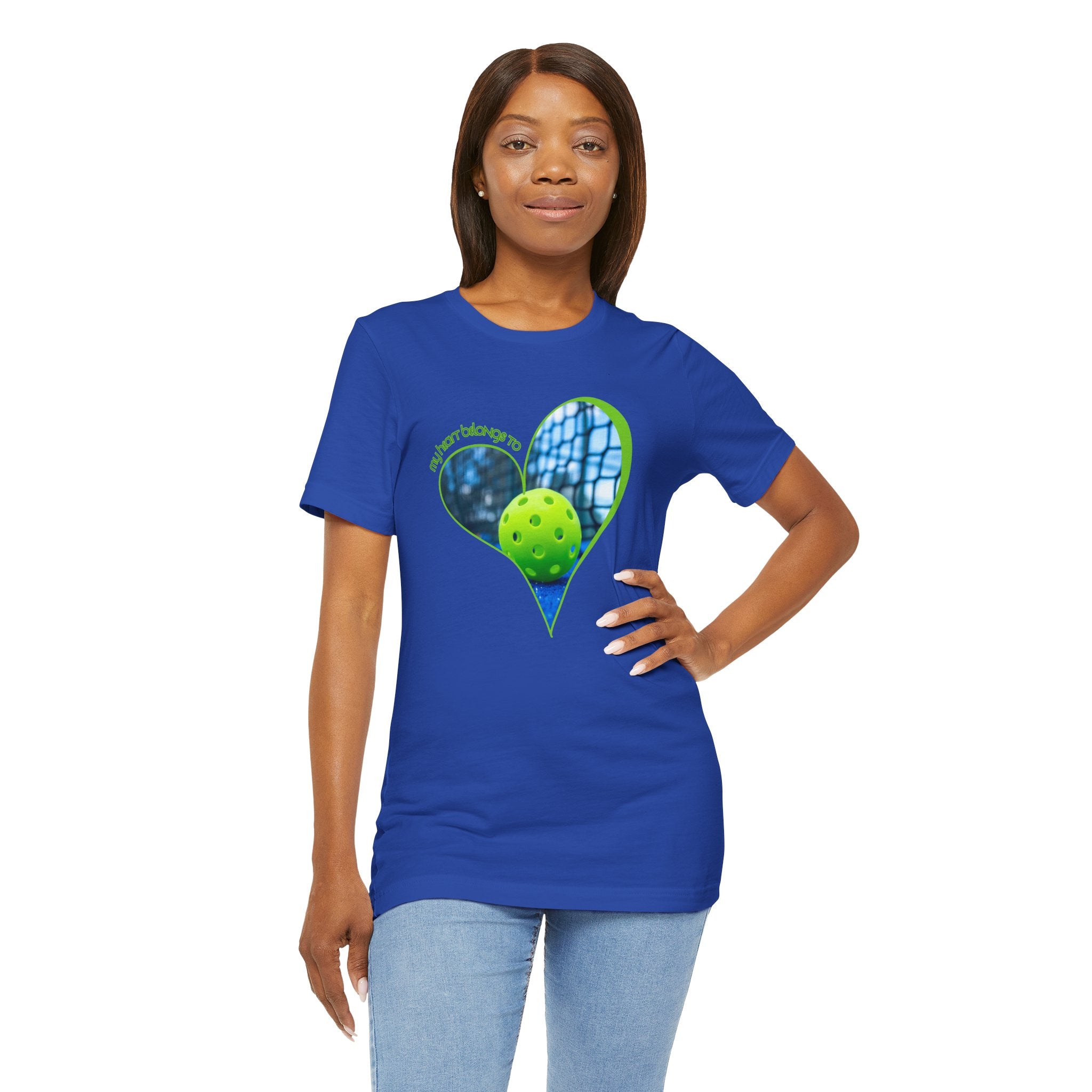 White Pickleball T-shirt with "My Heart Belongs to Pickleball" text for players and fans, by Printify.