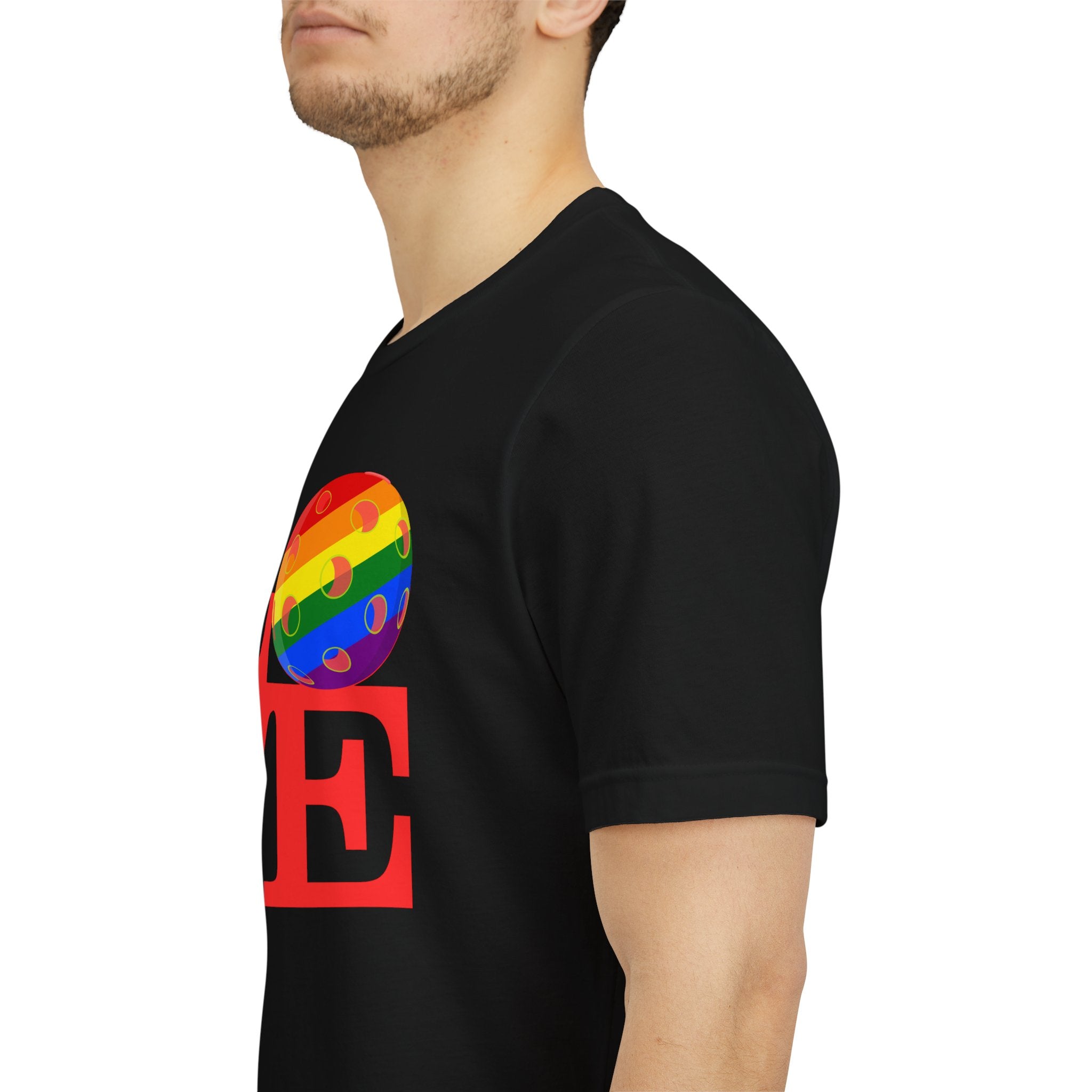 Rainbow LGBTQ2 Pride T-Shirt featuring LOVE Pickleball logo, colorful design, and comfortable cotton fabric by Printify.