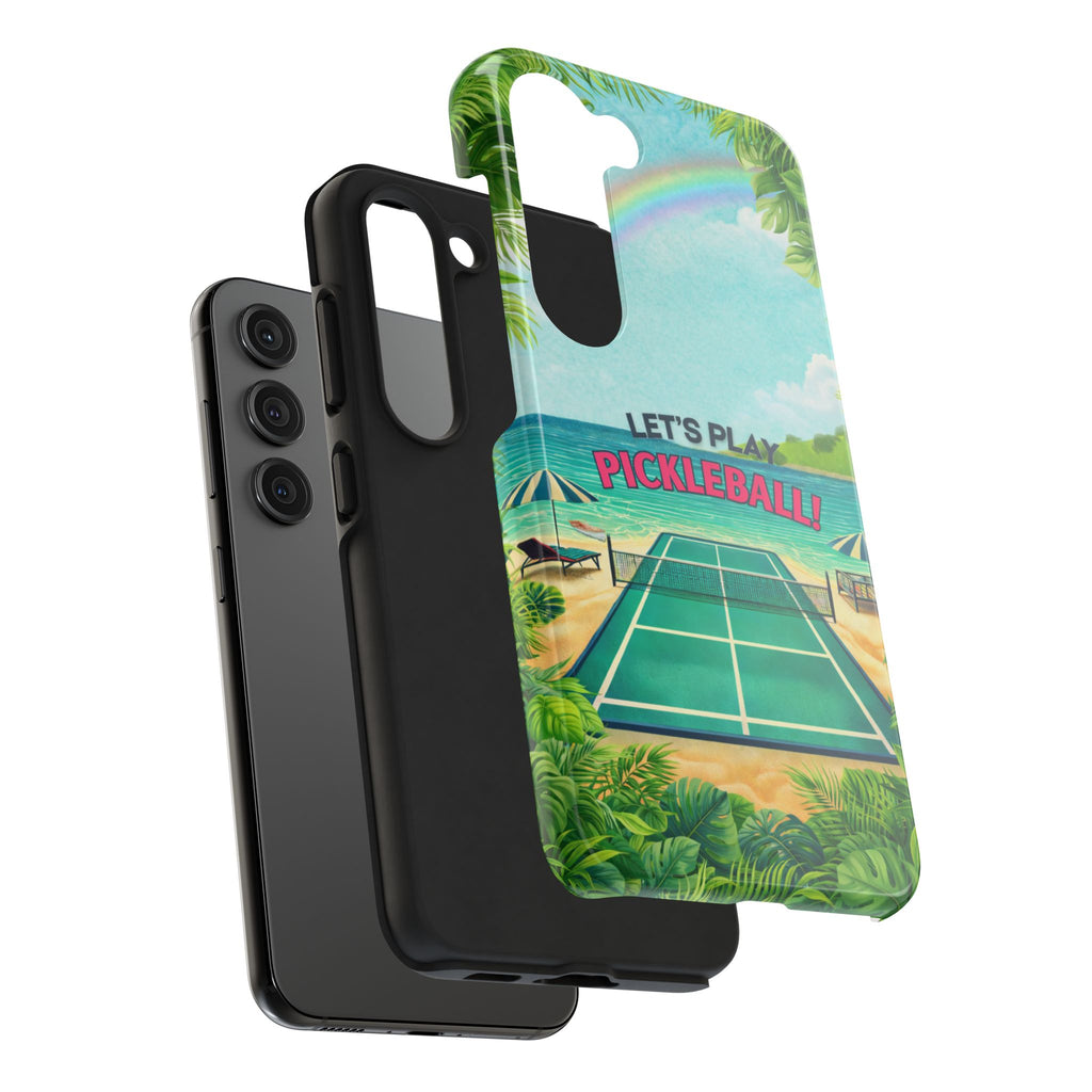 Let's Play Pickleball tropical tough phone case by Printify, featuring a colorful beach court design for iPhone or Android.