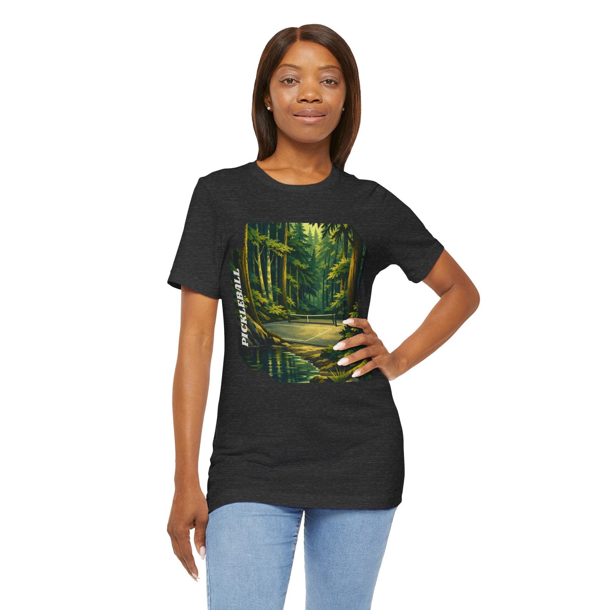 Unisex Hidden Forest Pickleball T-Shirt with Bainbridge Island tribute design, featuring nature-inspired graphics on a comfortable tee.