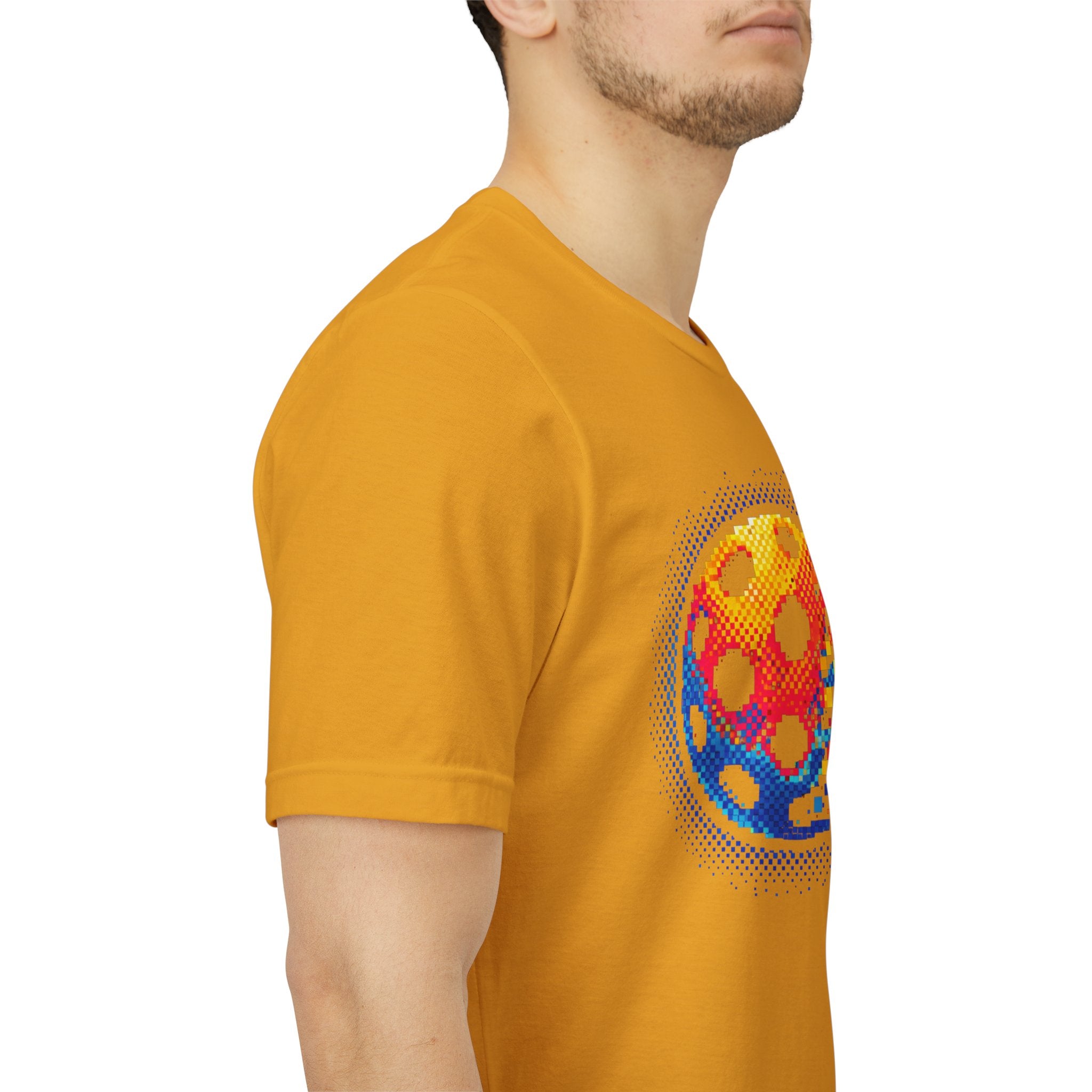 Matrix Burst Pickleball Tee by Printify featuring a retro court graphic on a casual T-shirt, displayed on a plain background.