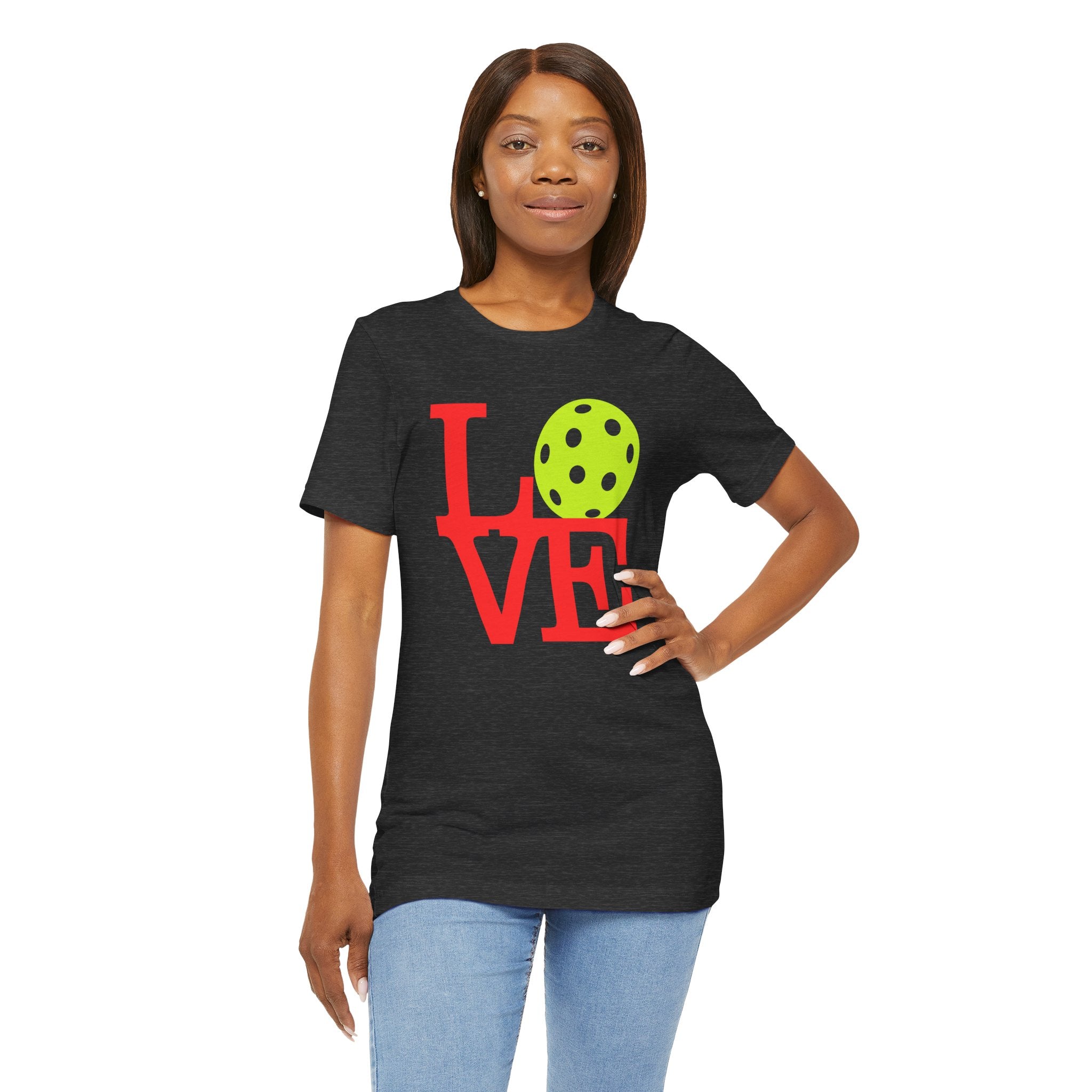 Bright neon pop art Pickleball LOVE T-Shirt by Printify featuring bold graphics on a casual tee.
