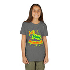 Youth neon pickleball graphic T-shirt for kids, featuring a fun "Let's Play Pickleball!" design on a colorful kids' apparel shirt.