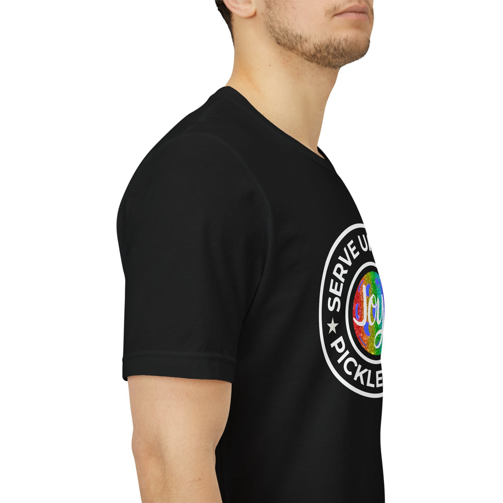 LGBTQ2 pride T-shirt featuring a colorful pickleball design, made by Printify, showcasing a vibrant and inclusive graphic.