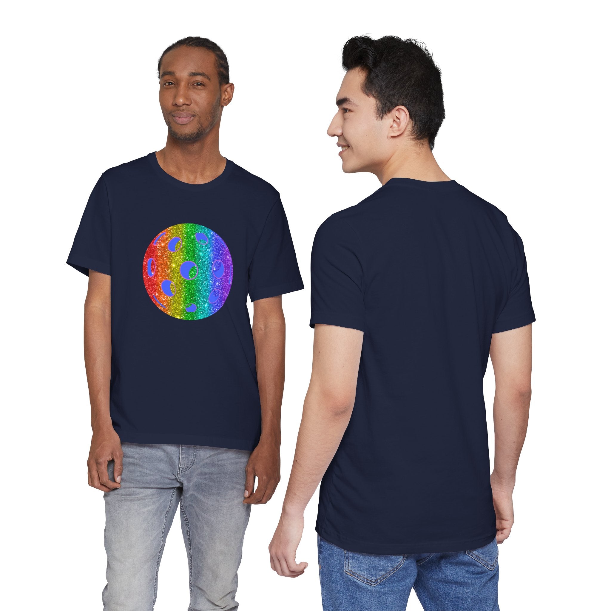 Rainbow glitter pickleball pride T-shirt from Printify featuring bold "Loud and Proud" text and colorful pickleball design.