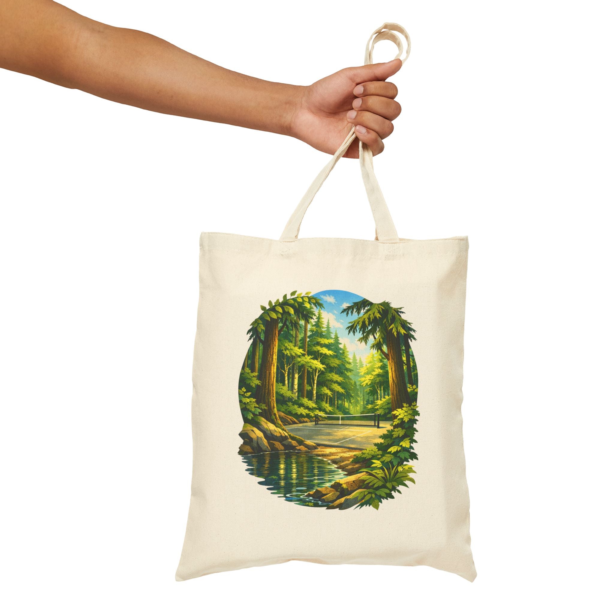 Bainbridge Island Pickleball Tote Bag  | Pacific Northwest Forest Court Design Canvas | Black & Natural Canvas Bags for Gear | Gift for Players