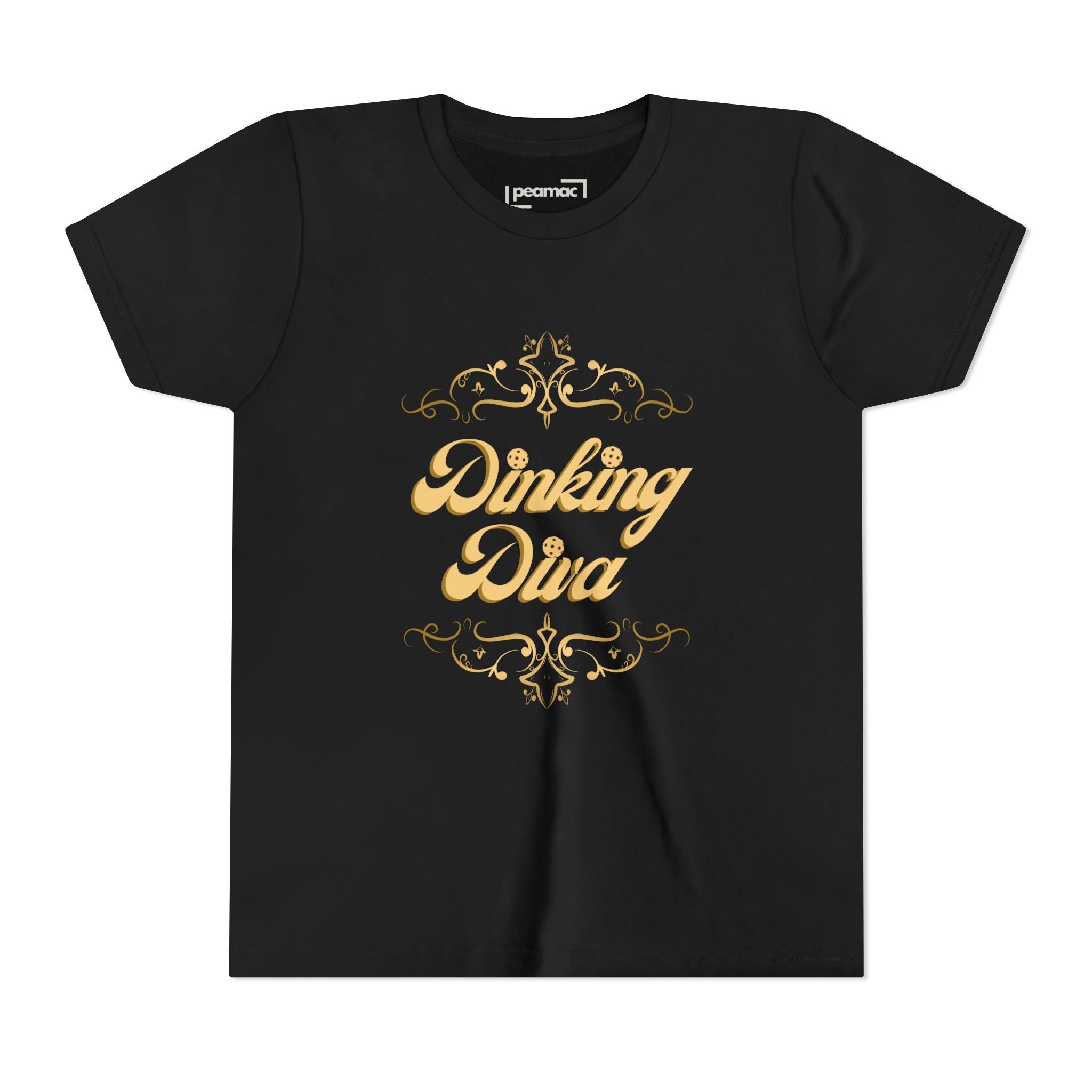 Youth Dinking Diva T-Shirt | Gold Filagree Graphic | Fun Kids Tee For Pickleball, Parties, Birthdays, And Everyday Wear | Gift For Girls
