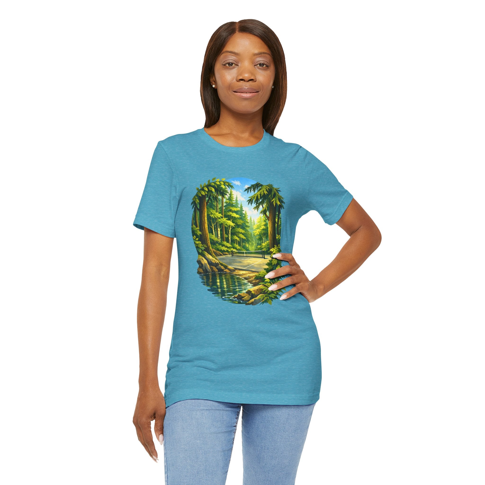 Unisex Hidden Forest Pickleball T-Shirt with Bainbridge Island tribute design by Printify, showcasing a nature-inspired graphic.