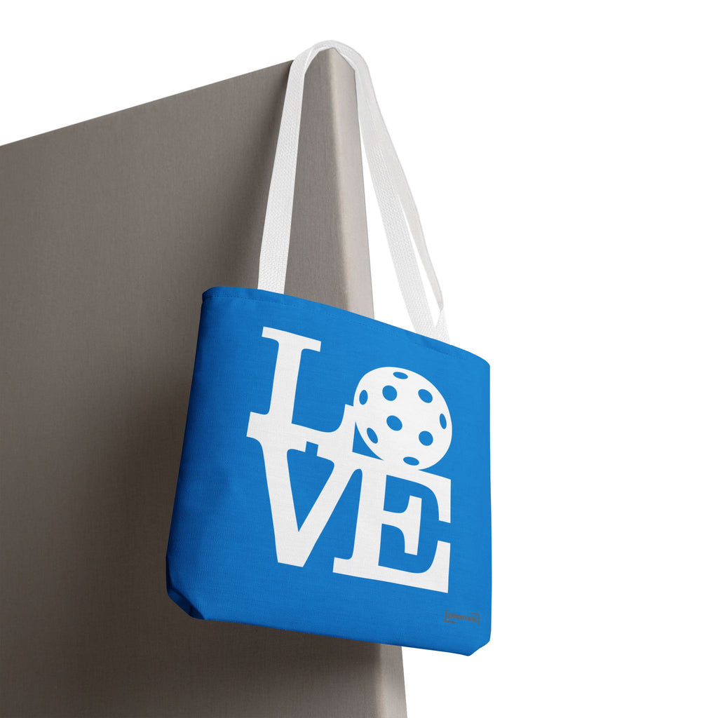 Large blue Pickleball LOVE tote bag by Printify, stylish court-inspired shoulder bag for sports and casual use
