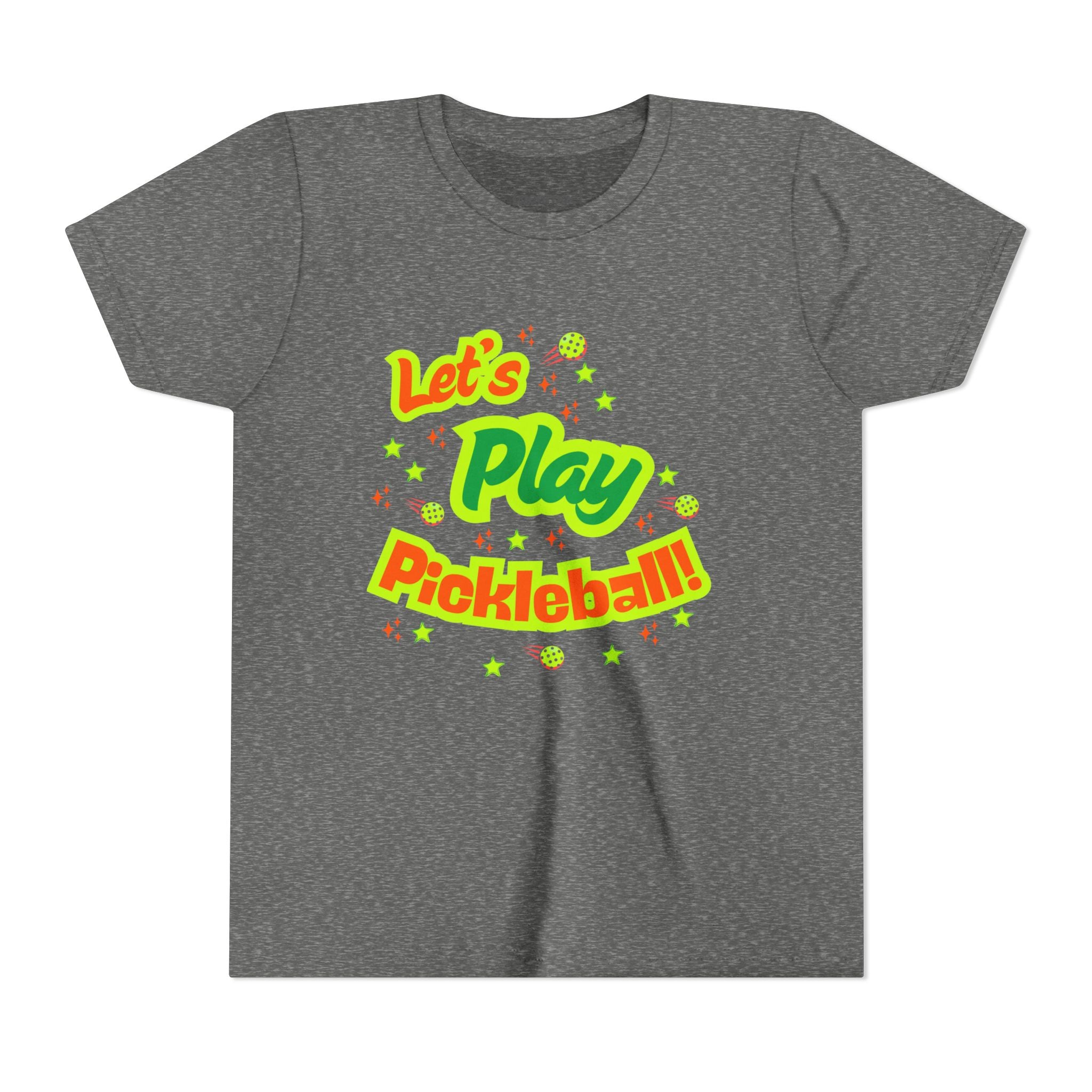 Youth neon pickleball graphic T-shirt for kids, colorful print, comfortable kids' clothing by Printify featuring a playful pickleball design.