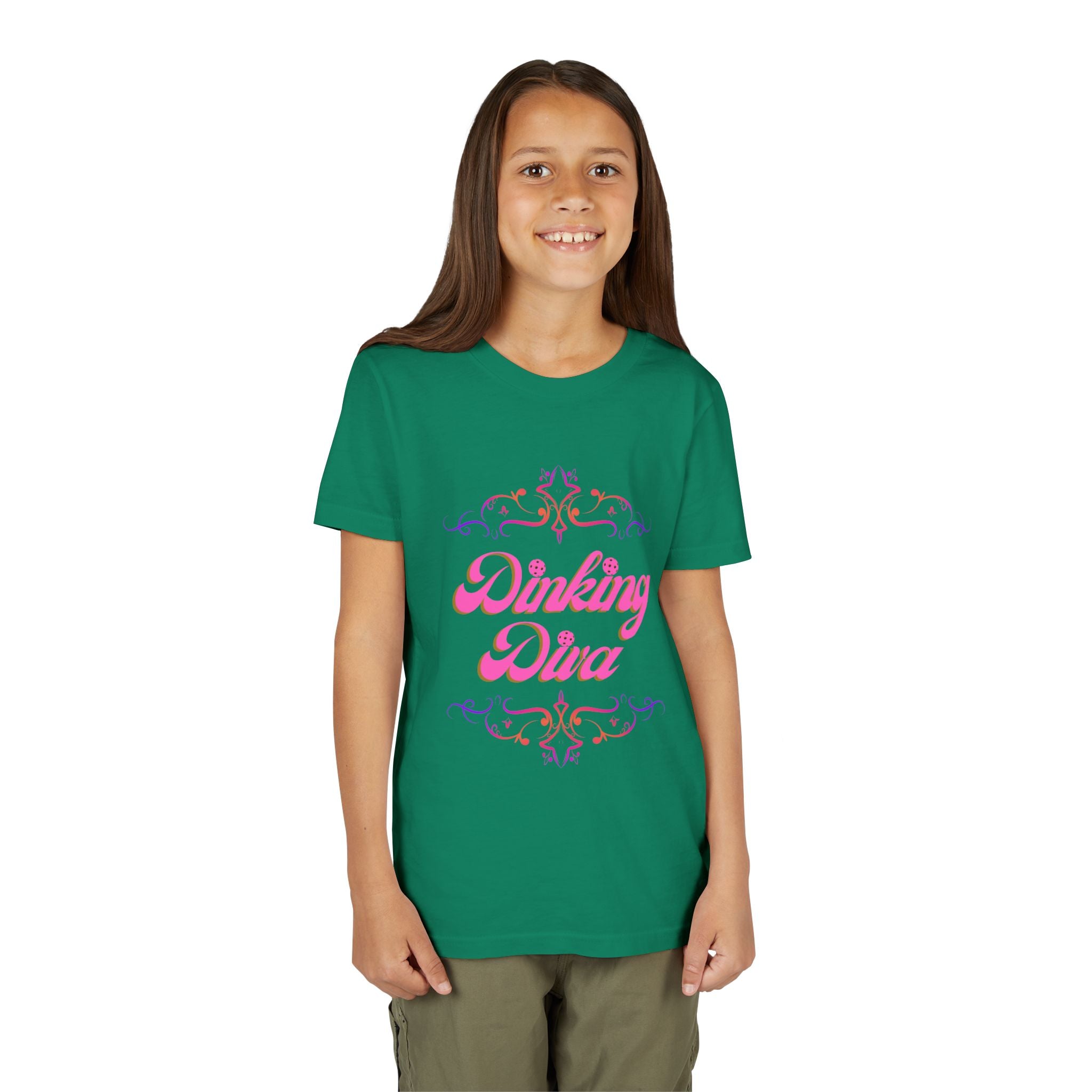 Pink Dinking Diva youth pickleball shirt with filigree design, made for kids, featuring vibrant color and comfortable fabric.