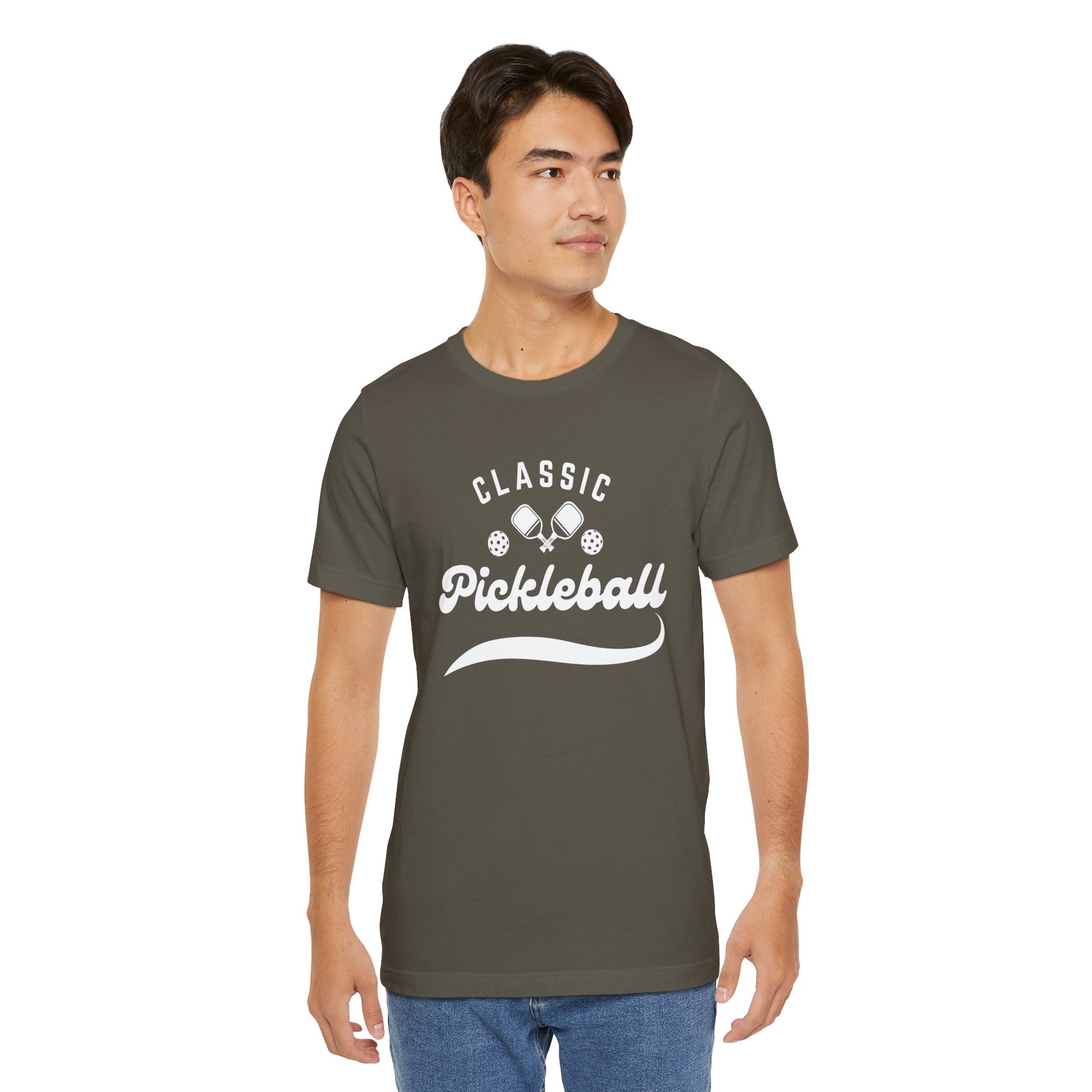 Classic pickleball T-shirt with "Pickleball" script design, comfortable cotton tee by Printify for active sports and casual wear.