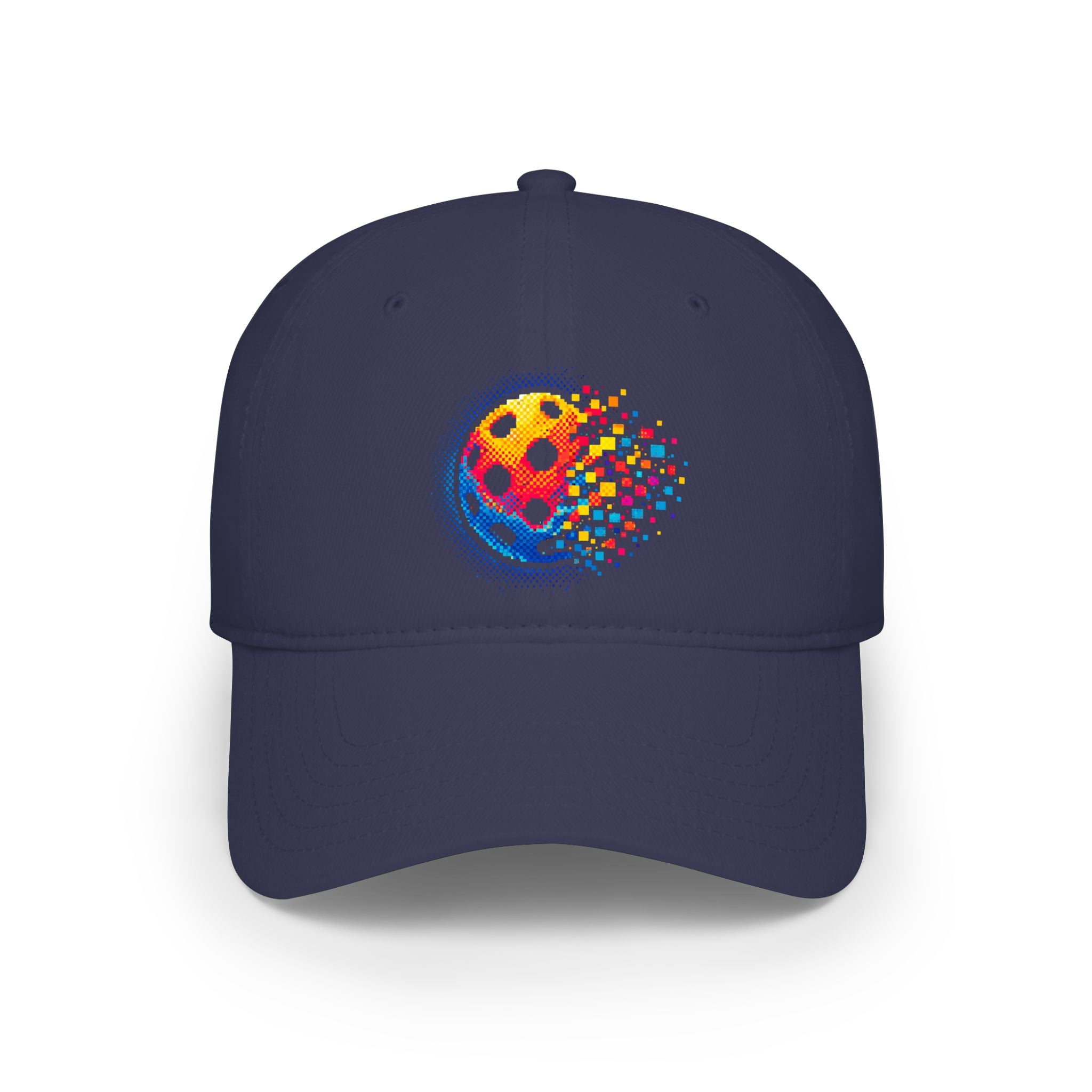 Pixelated Pickleball Cap, low profile cotton baseball hat by Printify, featuring a colorful pixelated pickleball design.