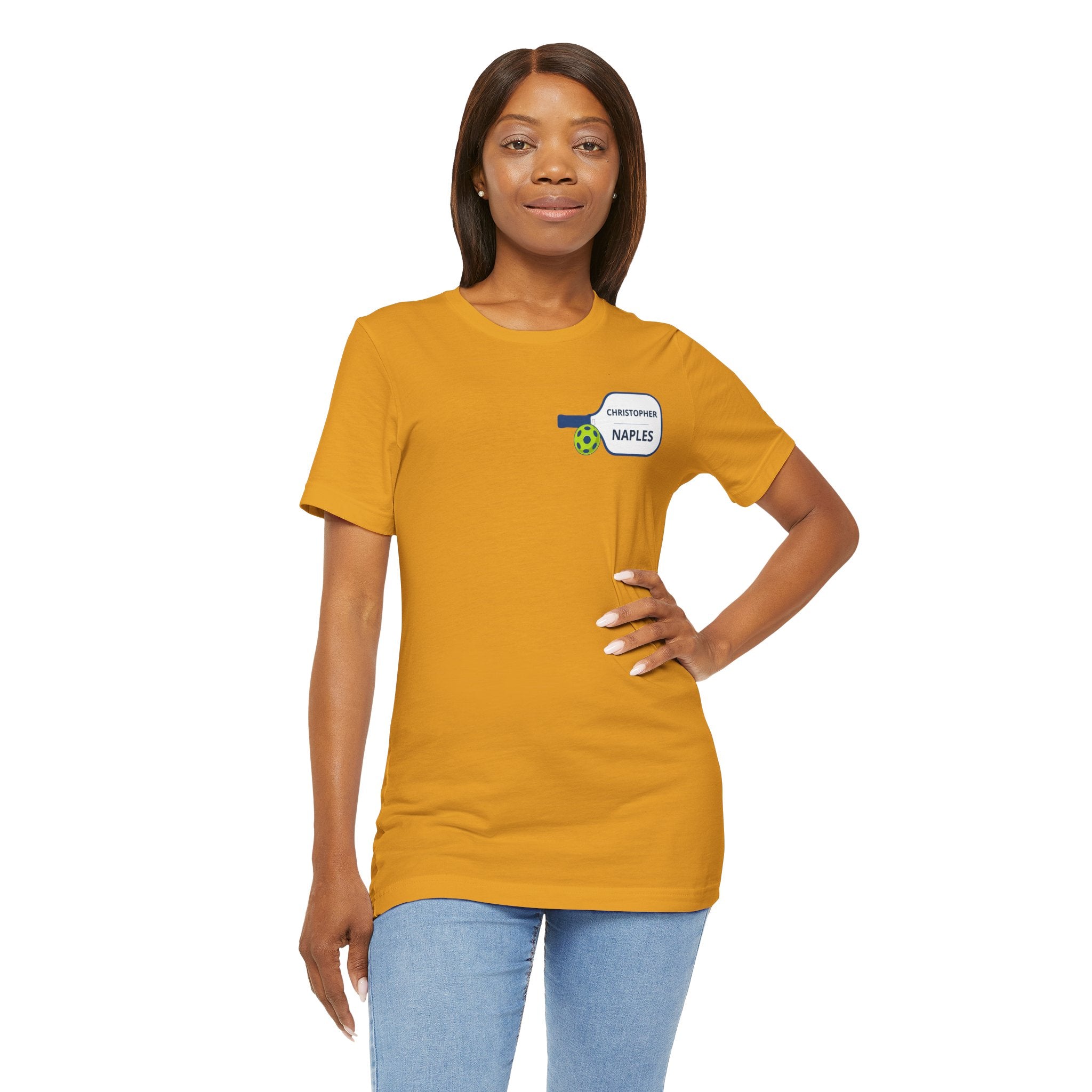 Personalized pickleball T-shirt by Printify featuring custom name and club text with paddle graphic design.