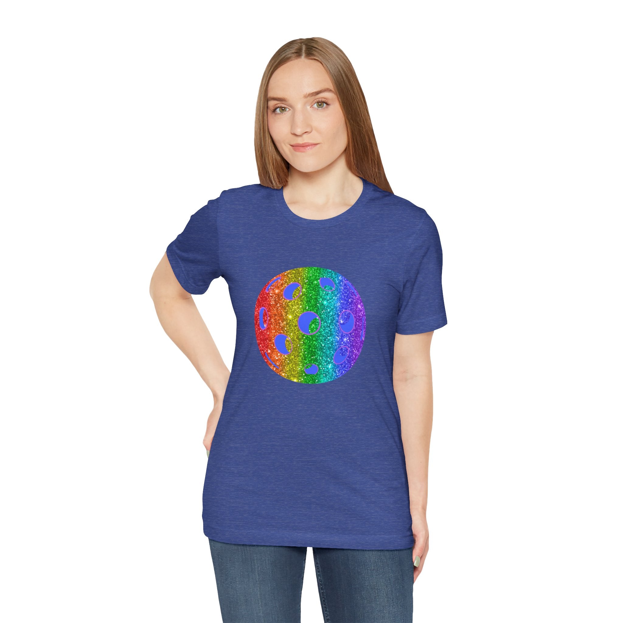 Rainbow glitter pickleball pride T-shirt from Printify featuring a colorful, sparkling design celebrating LGBTQ+ pride and pickleball.