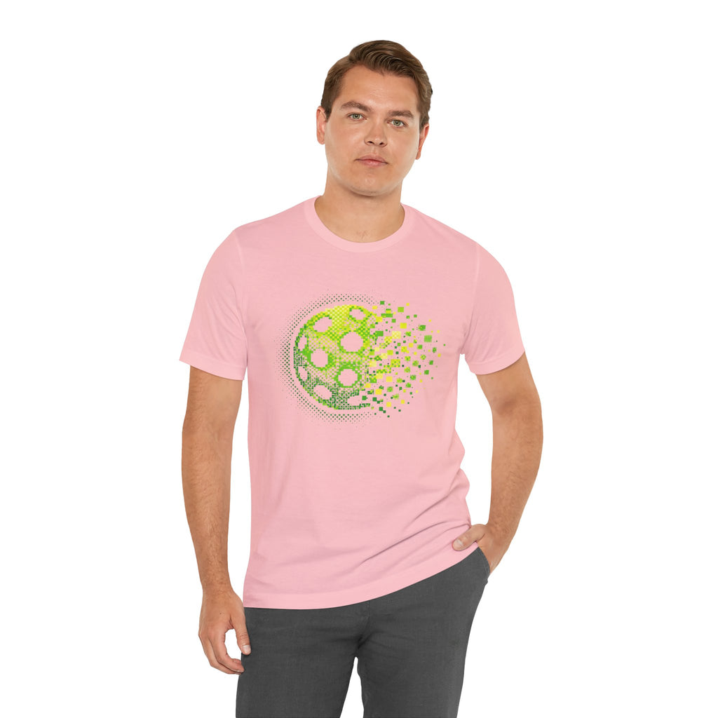 Green Pixelated Pickleball Tee featuring retro court graphic, casual t-shirt by Printify for pickleball enthusiasts.