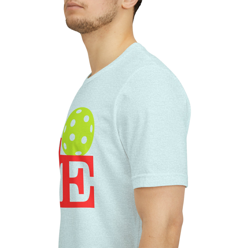 Neon pop art LOVE pickleball T-shirt by Printify, featuring vibrant graphic design on a premium casual T-shirt.