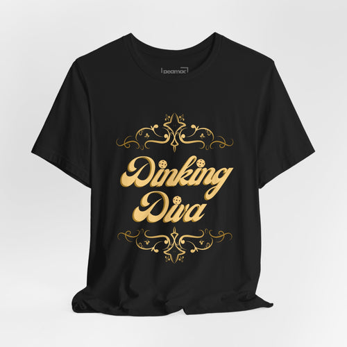 Dinking Diva Pickleball T-shirt in gold filigree design, casual fit, soft fabric, front graphic, ideal for pickleball enthusiasts