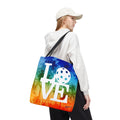 Tropical Pickleball Love tote bag with palm rainbow design, court-ready shoulder bag by Printify, featuring colorful tropical print.