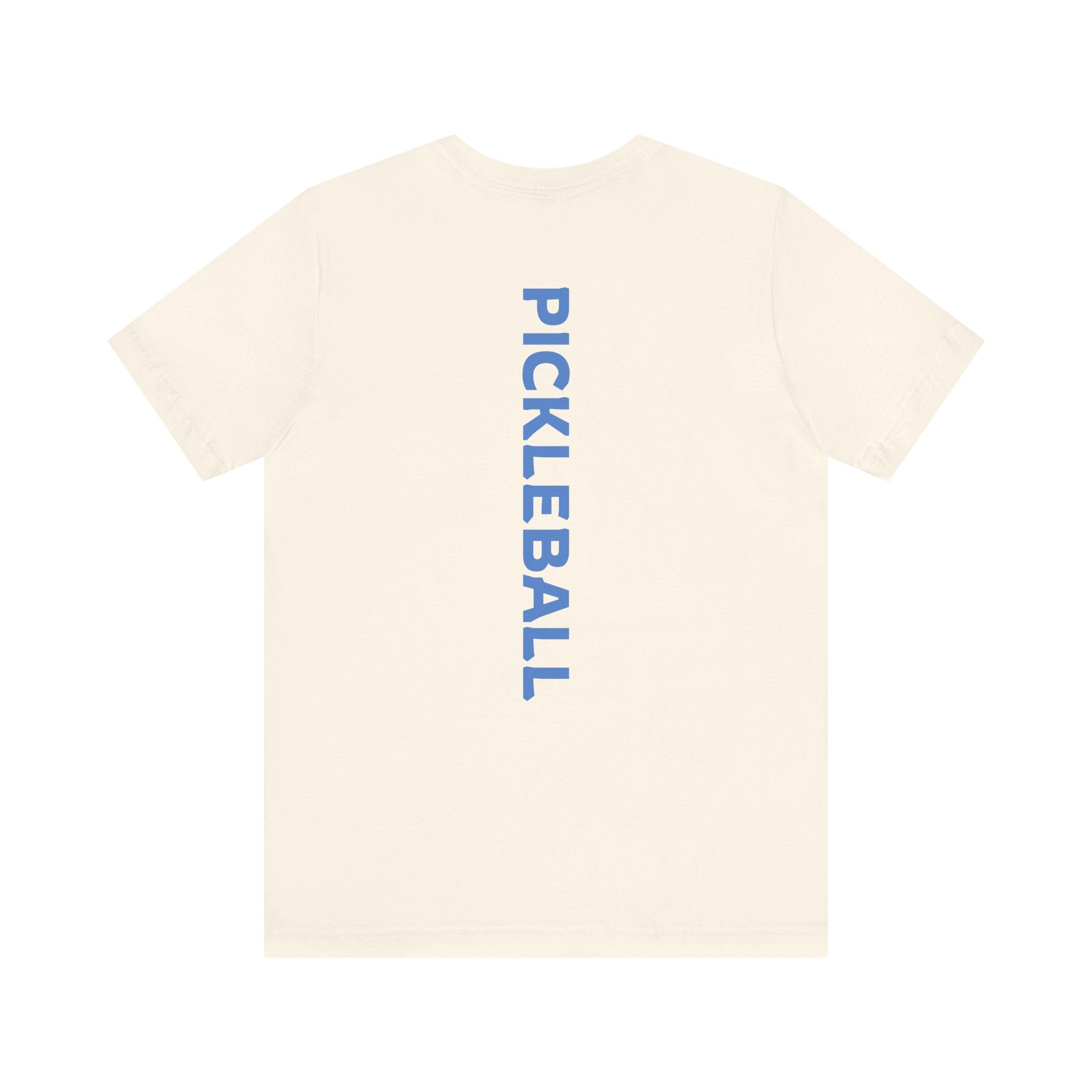 Men's Retro Pickleball Action T-Shirt with front silhouette and vertical 'PICKLEBALL' text on the back, by Printify.