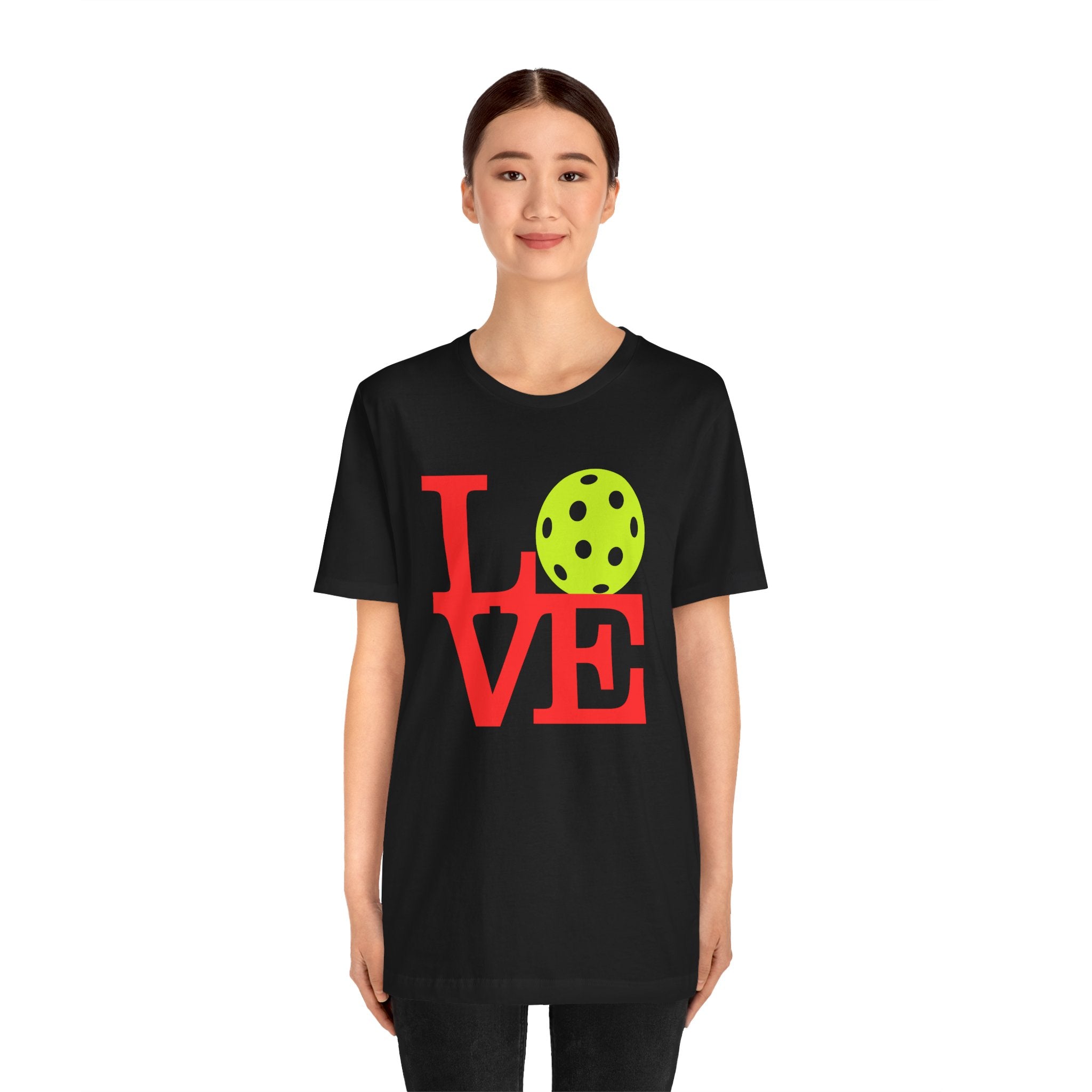 Neon pop art Pickleball LOVE T-shirt by Printify featuring bold colorful graphic on a casual premium T-shirt.