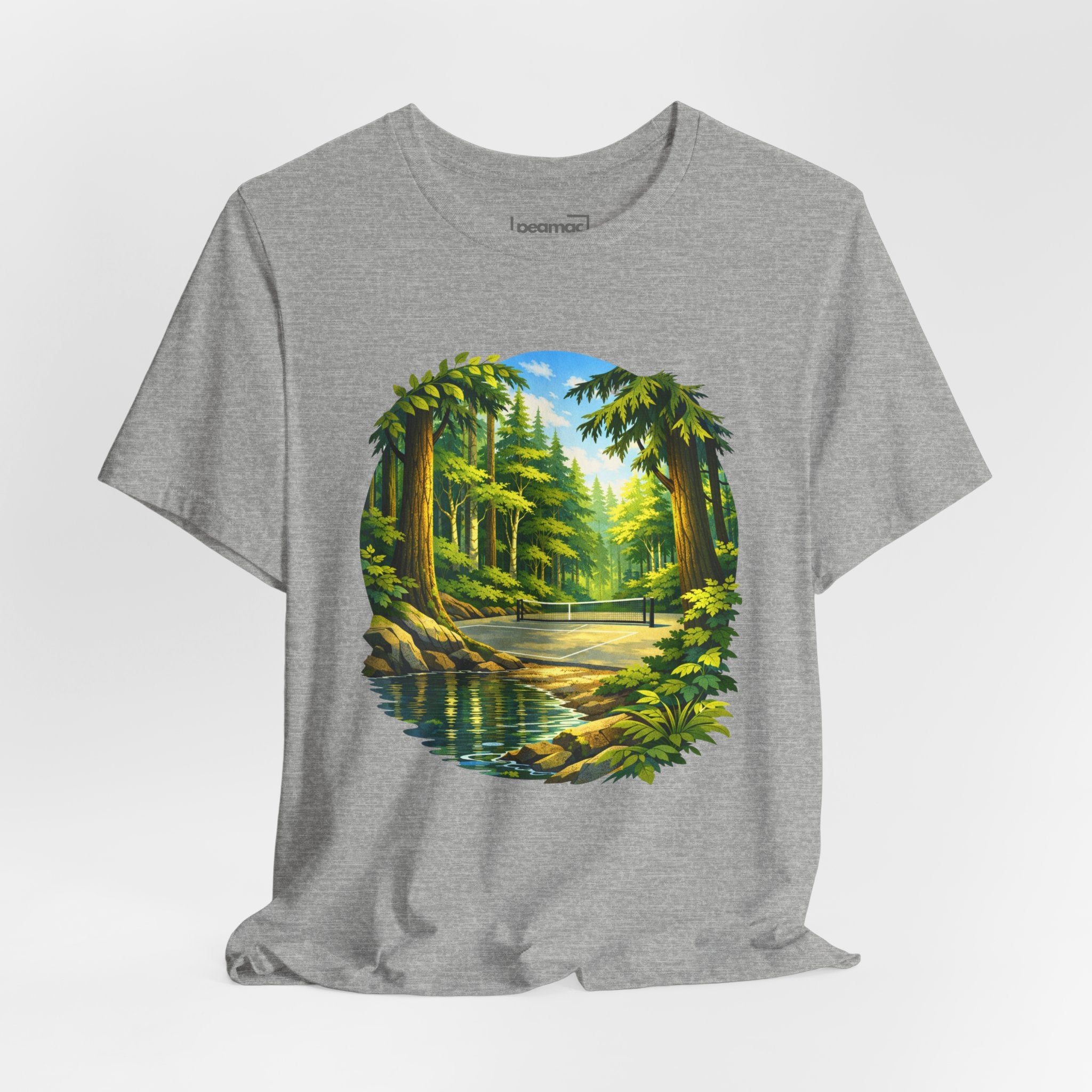 Unisex Hidden Forest Pickleball T-Shirt featuring a Bainbridge Island tribute design, printed by Printify.