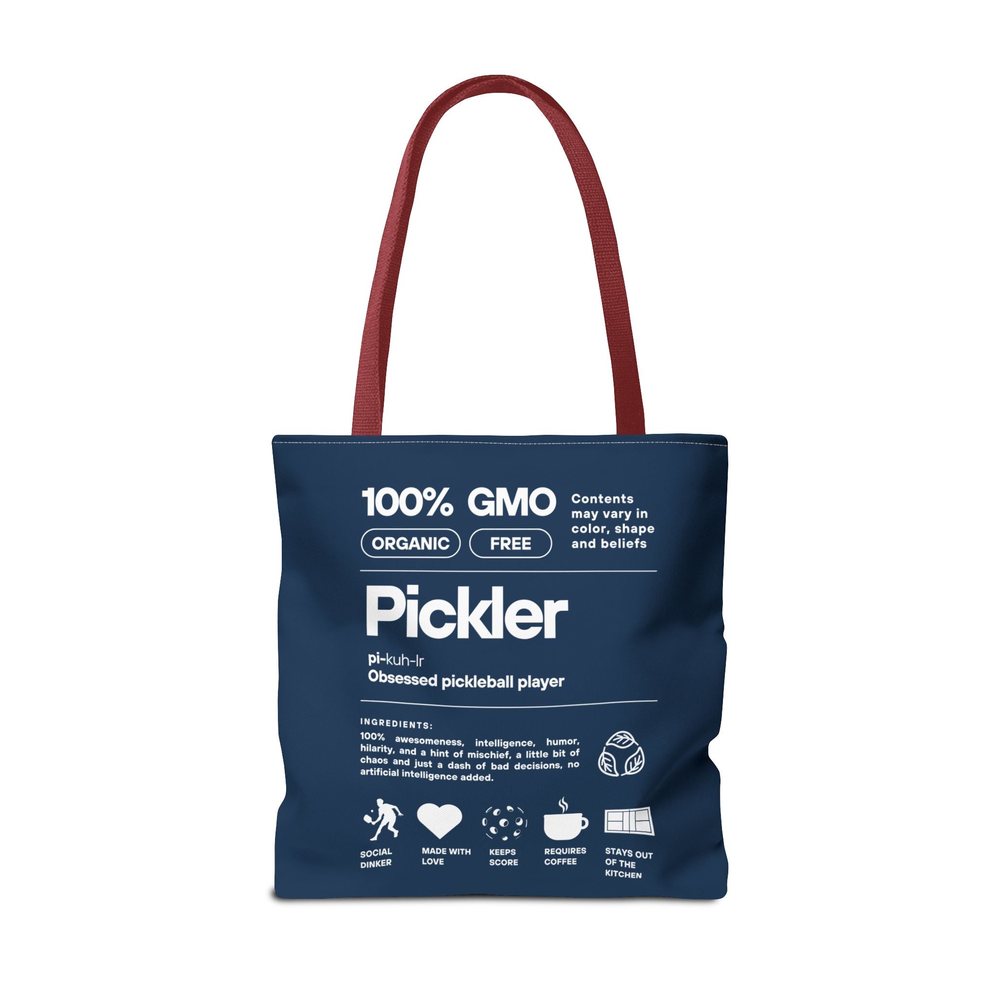 Large navy pickleball tote bag with humorous "Pickler" male design, durable shoulder bag for carrying pickleball gear.