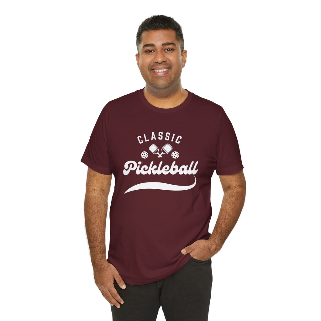 Classic pickleball T-shirt with "Pickleball" script design, printed by Printify, featuring a comfortable casual fit and vibrant text.