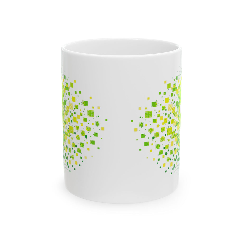 Green Pixelated Pickleball ceramic mug with retro exploding pickleball design, available in 11oz and 15oz sizes.
