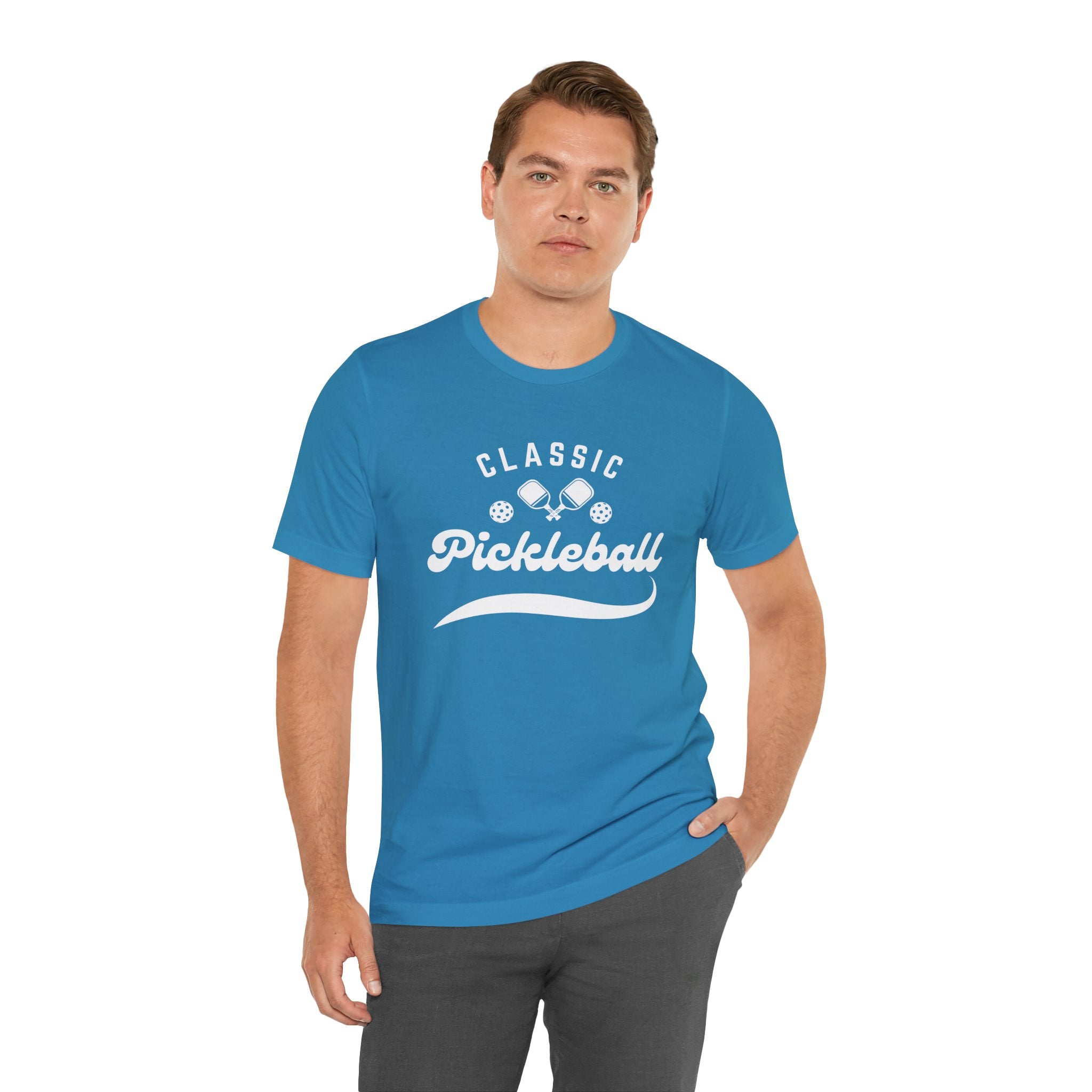 Classic pickleball t-shirt with "Pickleball" script design, comfortable cotton tee by Printify featuring vibrant print on front.