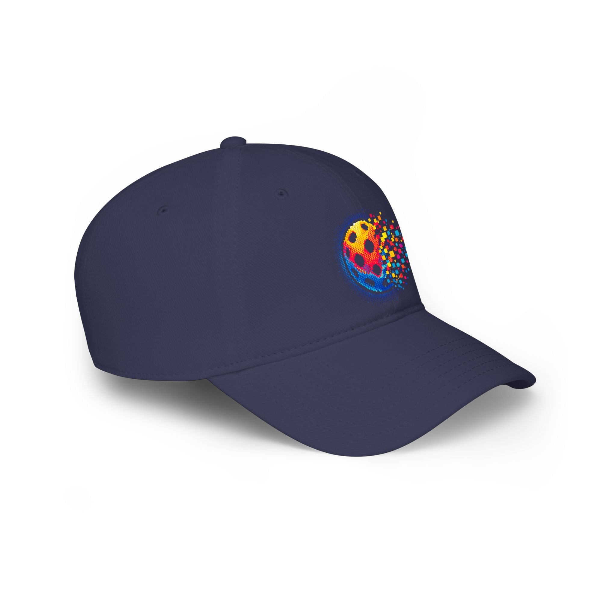Pixelated Pickleball Cap, low profile cotton baseball hat by Printify, showing a colorful pixelated pickleball design.