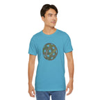 Pickleball Word Cloud T-shirt with pickleball-shaped graphic, featuring words like dink, pickle, and kitchen, by Printify.